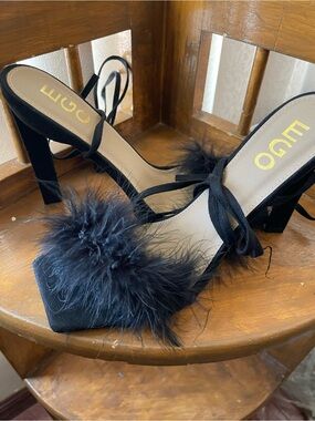 EGO Black Feather-Trim Lace-Up Block Heel Sandals